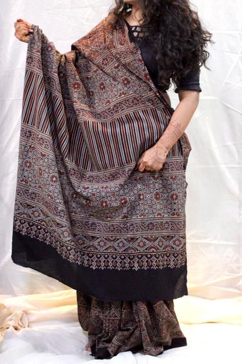 Handblock Printed Natural Dyed Cotton Saree Col-Grey, Black.17