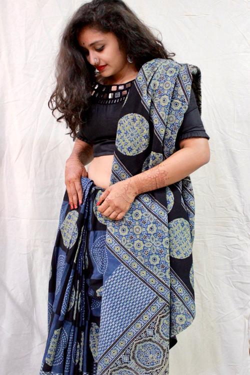 Handblock Printed Natural Dyed Cotton Saree Col- Blue ,Black.19