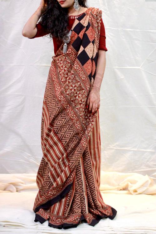 Handblock Printed Natural Dyed Modal Saree Col- Brown, Rust.23