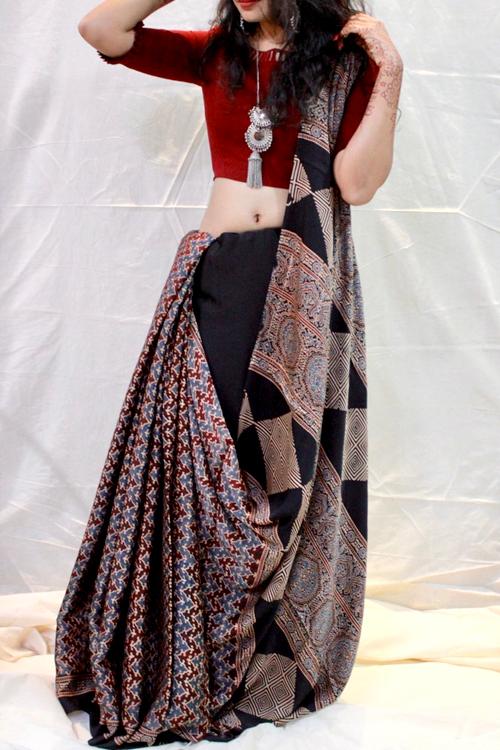 Handblock Printed Natural Dyed Modal Saree Col- Grey ,Black.25