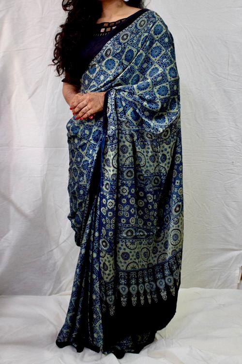 Handblock Printed Natural Dyed Modal Saree Col-Blue .28