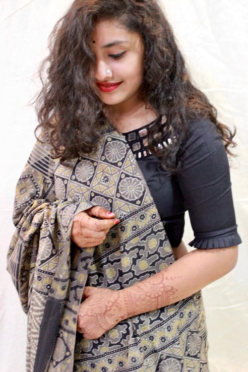 Handblock Printed Natural Dyed Modal Saree Col-Smoke Grey.29