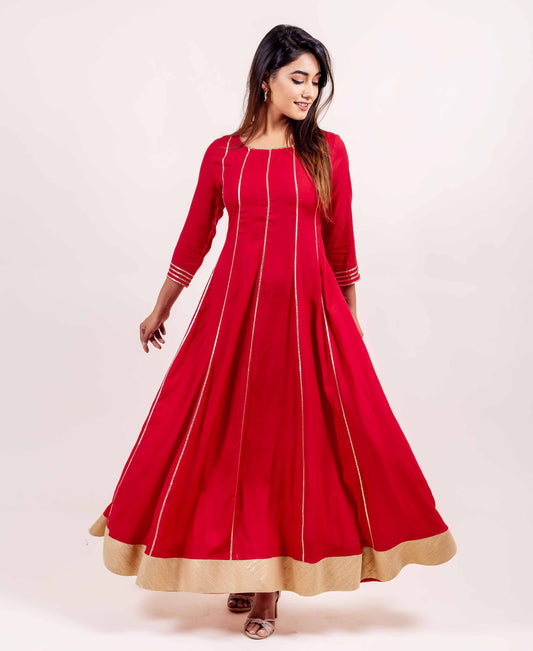 Red Flared Dress with Gota Trim