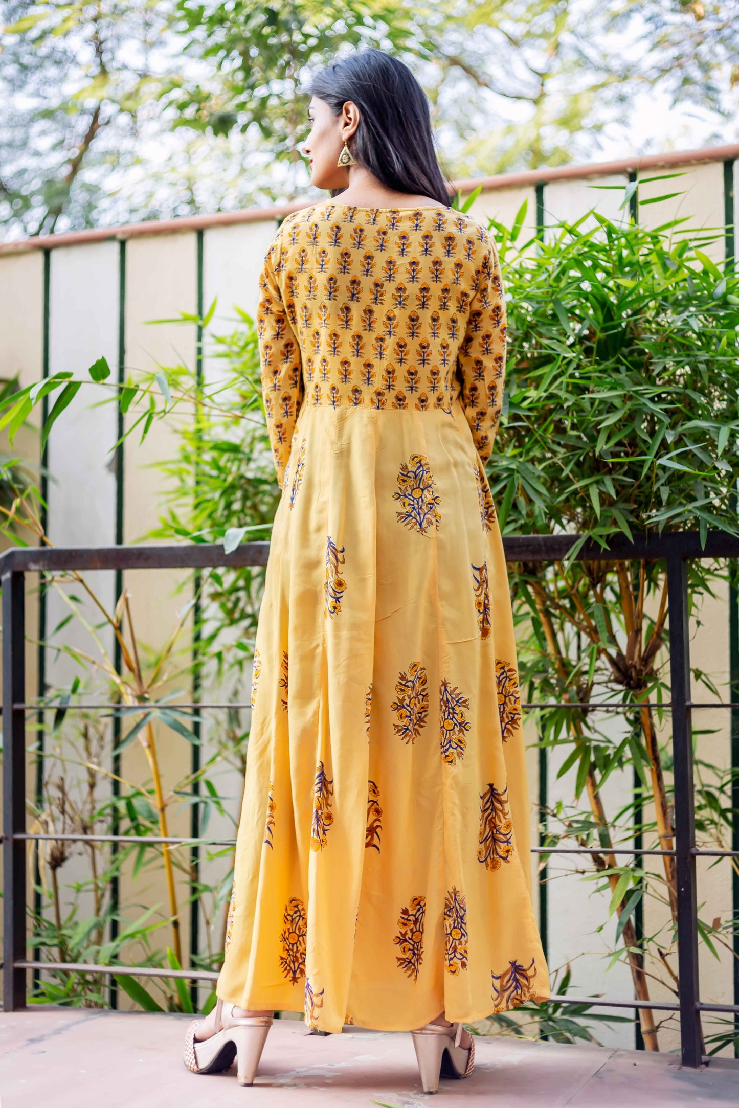 Yellow Rayon Hand Block Printed Designer Long Anarkali Dress