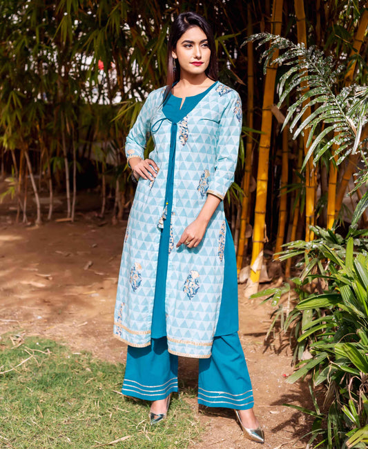 Aqua Printed Cotton Jacket Suit Set