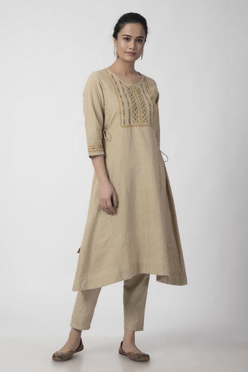 Beige Soof Embroiderd Woven A-line Kurta
