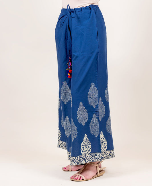 Indigo Hand Block Printed Flared Palazzo with Tassels