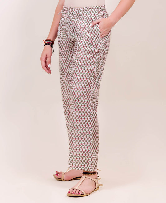 White and Green Hand Block Printed Palazzo