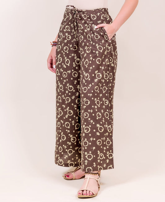 Brown Hand Block Printed Wide Leg Palazzo