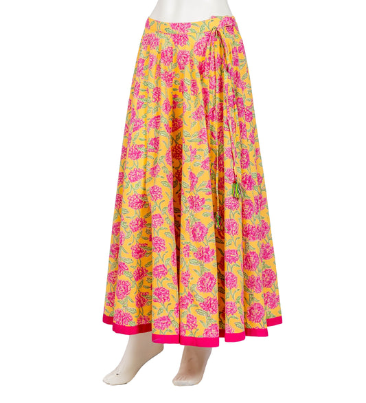 Yellow / Pink Wide Flare Floor Length Hand Block Print Skirt
