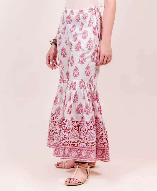 White and Maroon Block Printed Sharara
