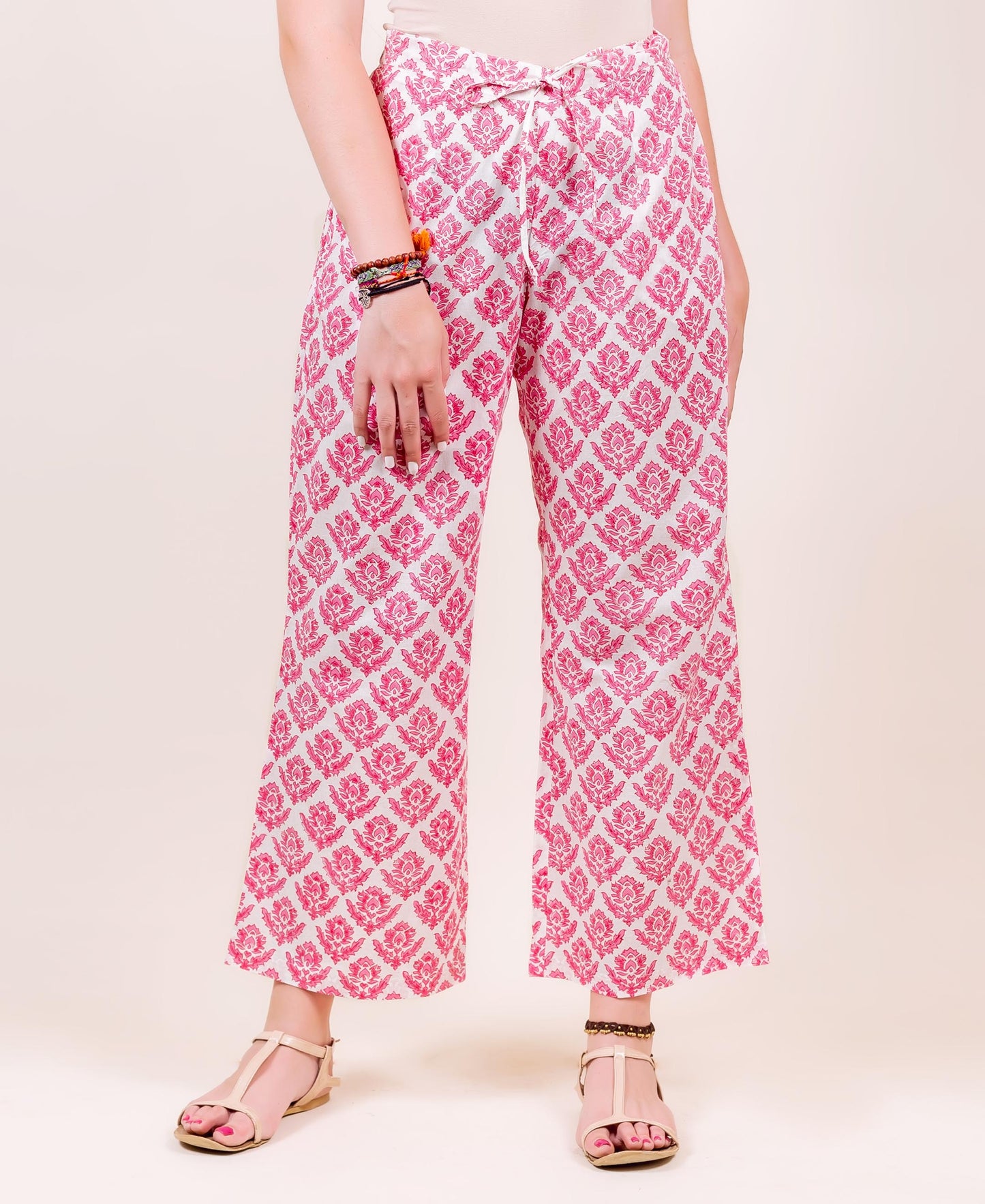 White and Pink Block Printed Palazzo