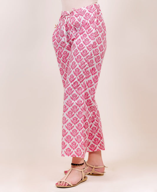 White and Pink Block Printed Palazzo