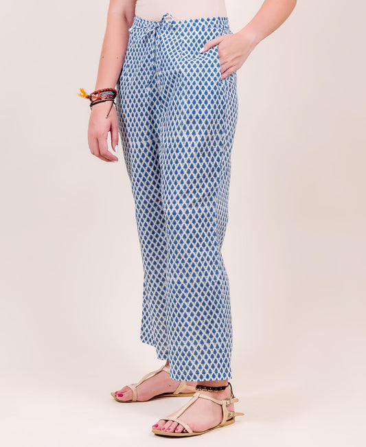 White and Blue Hand Block Printed Palazzo