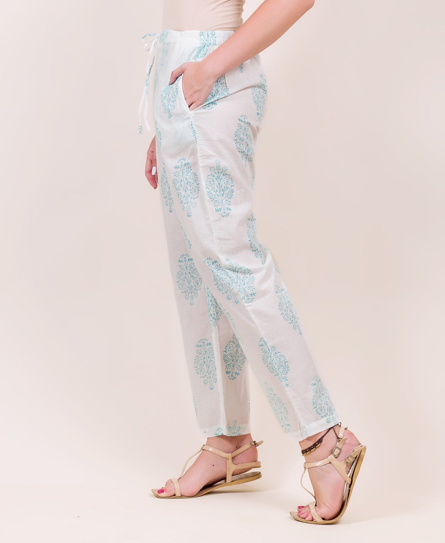 White and Blue Hand Block Printed Straight Pants