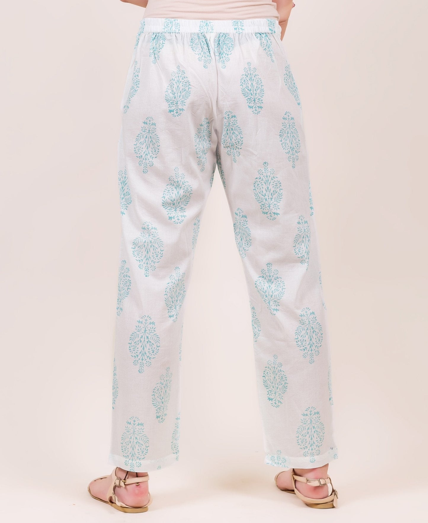 White and Blue Hand Block Printed Straight Pants
