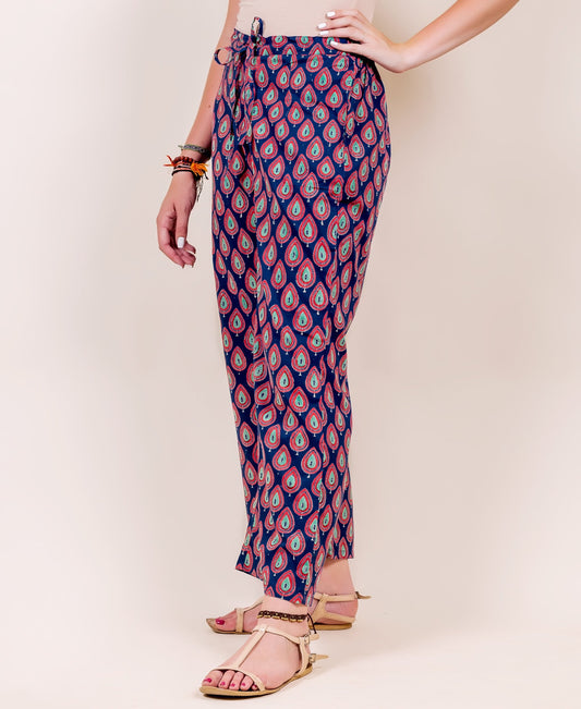 Indigo and Red Hand Block Printed Flared Palazzo