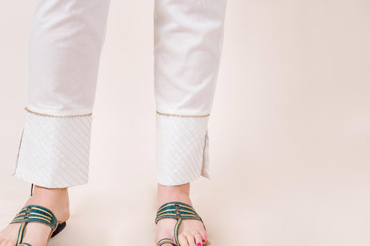 White Solid Straight Pants with Gota Trim and Kingri Lace