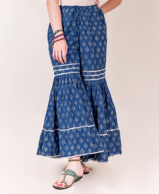 Indigo and White Block Printed Sharara