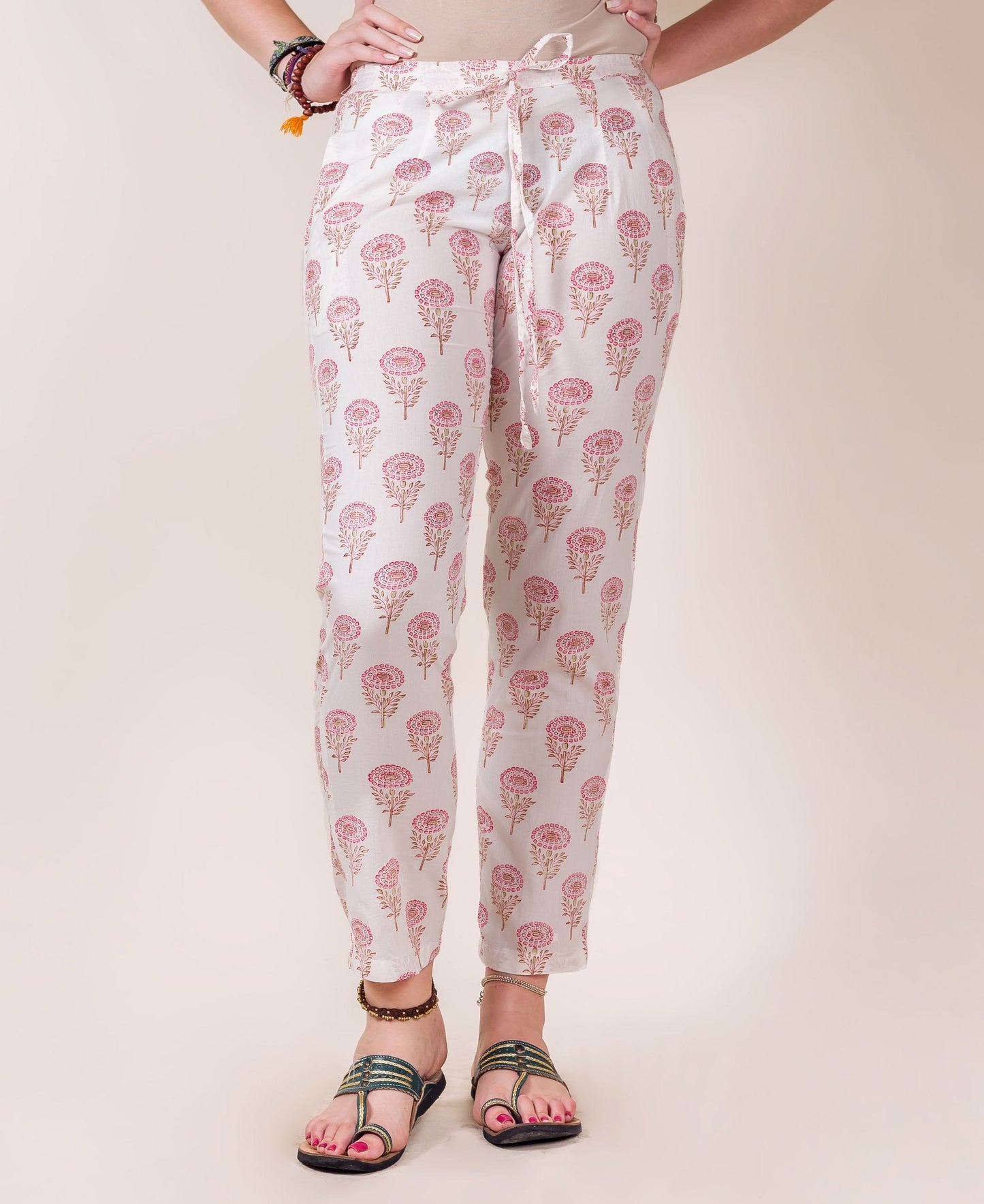 White and Pink Block Printed Straight Pants