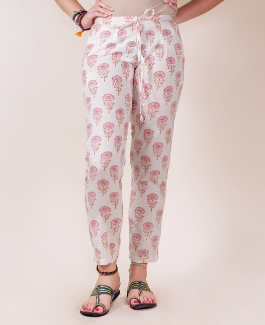 White and Pink Block Printed Straight Pants