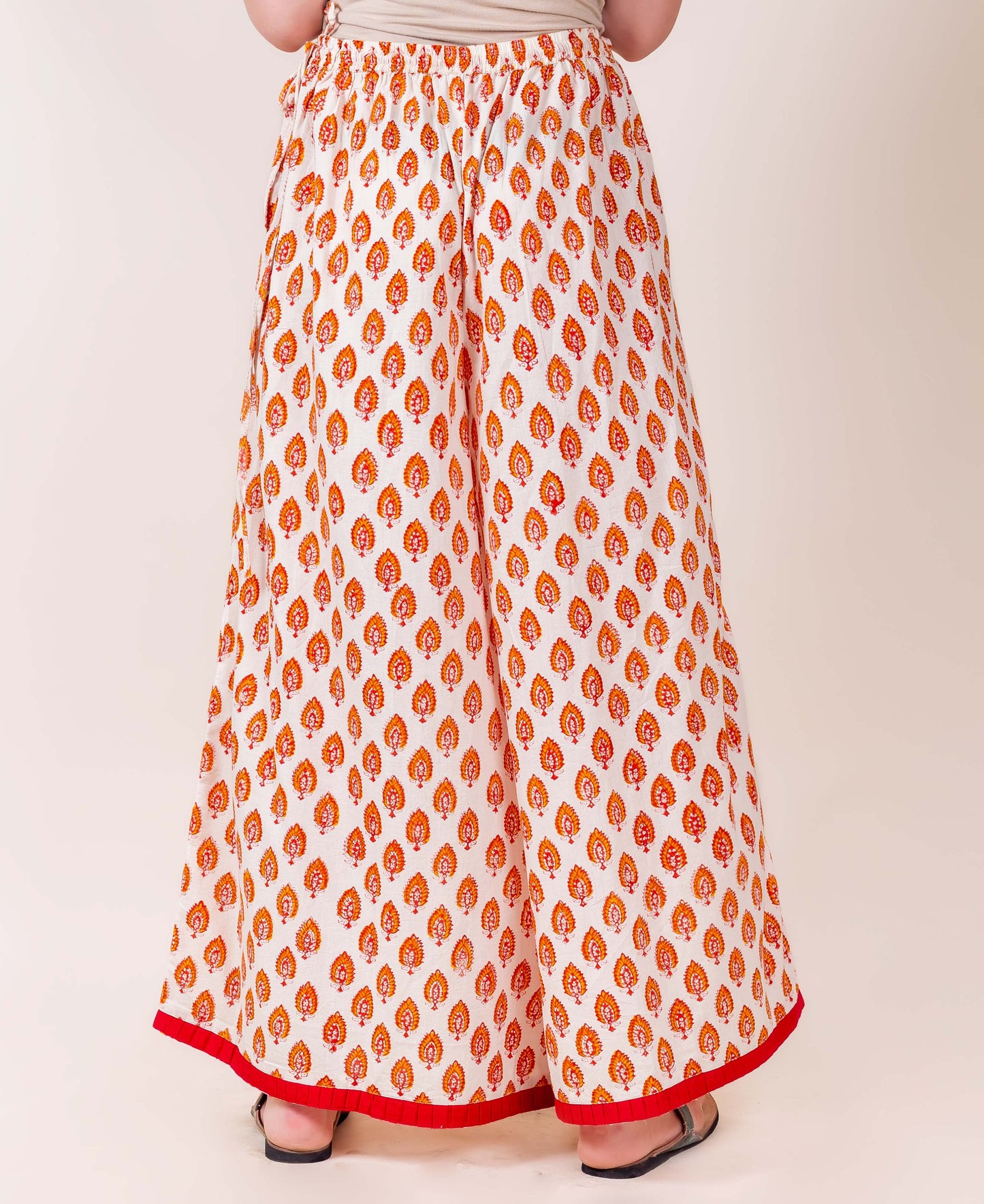Beige and Red Hand Block Printed Flared Palazzo