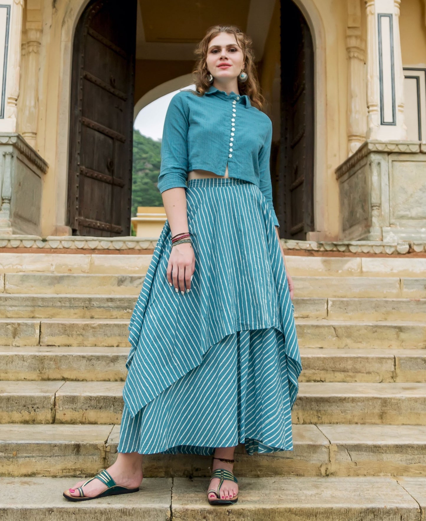 Blue and White Block Printed Skirt