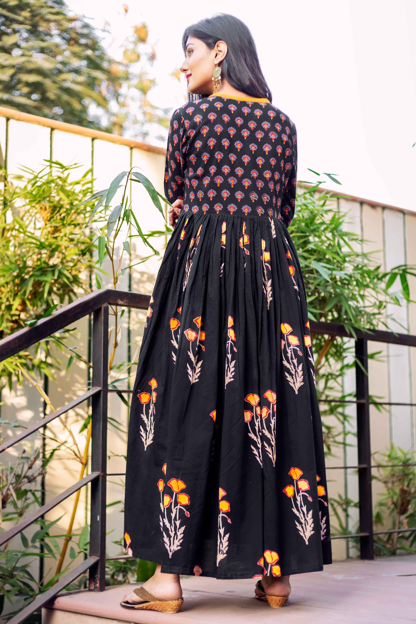 Black Cotton Printed Bell Sleeves Angrakha Dress