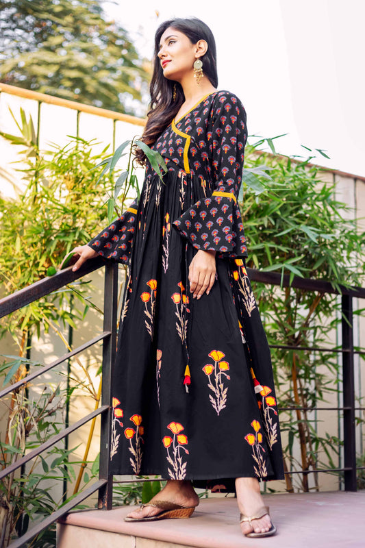 Black Cotton Printed Bell Sleeves Angrakha Dress