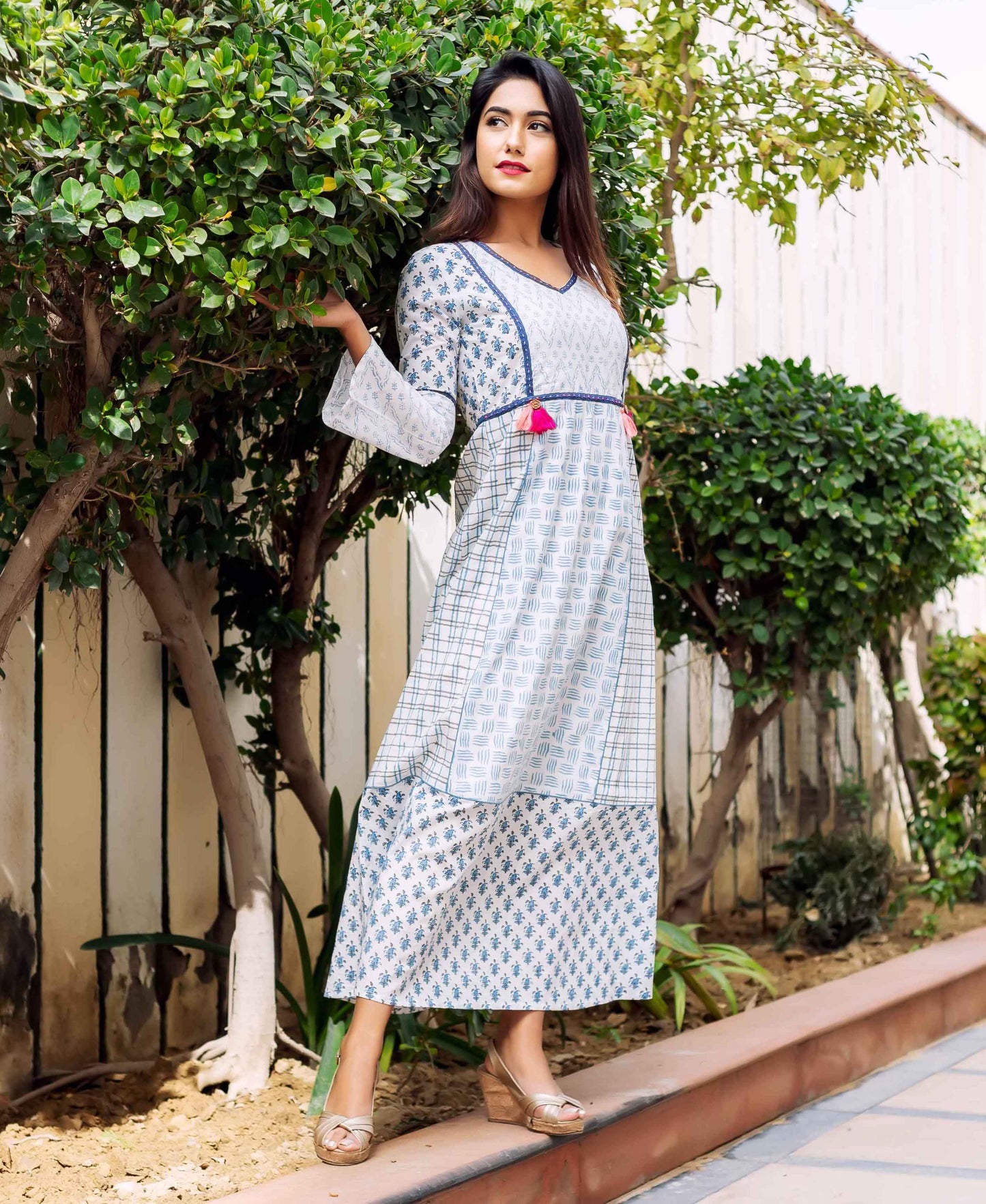 Multi-Printed Bell Sleeves Block Printed Long Dress