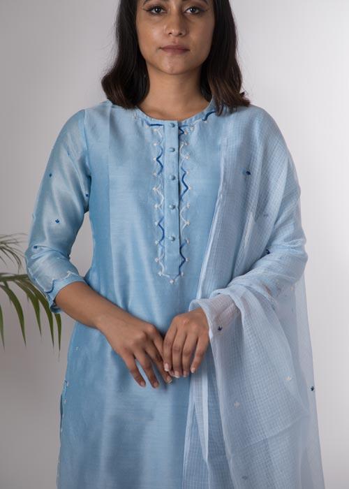 Bluebell'Hand Embroidered Steel blue chanderi kurta . 2pc set (kurta and dupatta)