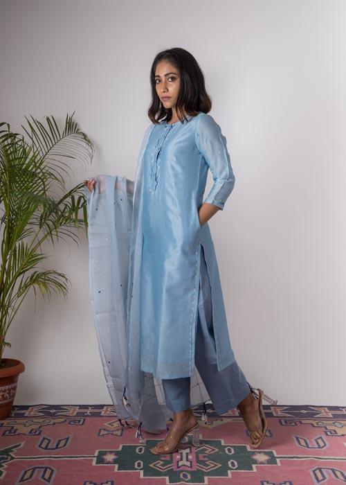 Bluebell'Hand Embroidered Steel blue chanderi kurta . 2pc set (kurta and dupatta)