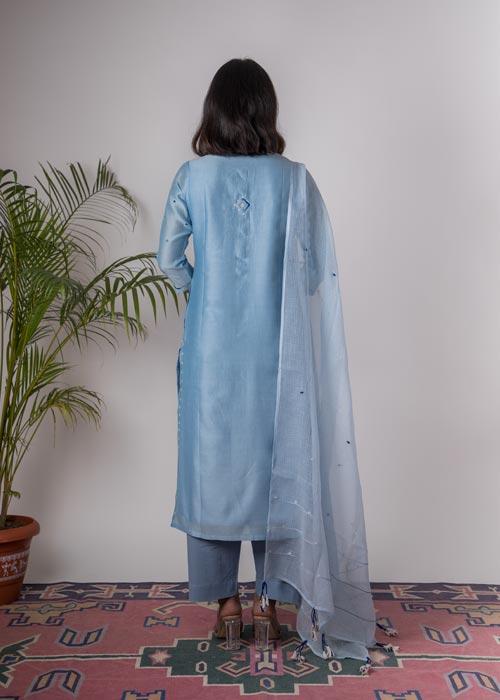 Bluebell'Hand Embroidered Steel blue chanderi kurta . 2pc set (kurta and dupatta)