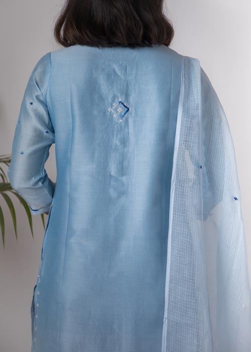 Bluebell'Hand Embroidered Steel blue chanderi kurta . 2pc set (kurta and dupatta)