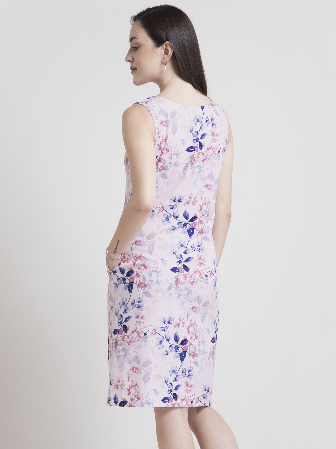 Boat Neck Ditsy Floral Sheath Dress - Pink and Blue