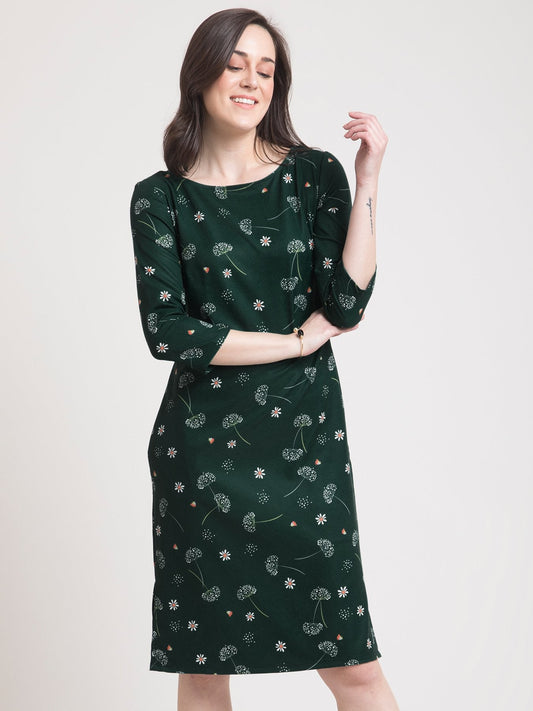 Boat Neck Ditsy Floral Shift Dress - Green and White