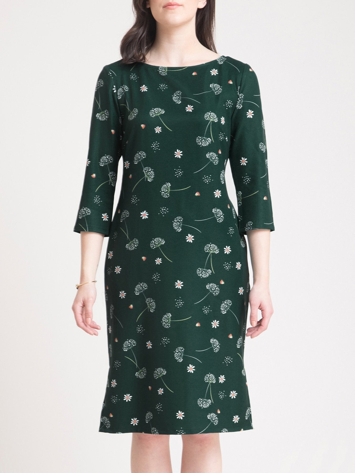Boat Neck Ditsy Floral Shift Dress - Green and White