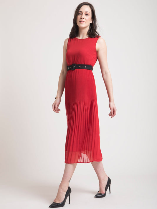 Boat Neck Pleated A Line Dress - Red