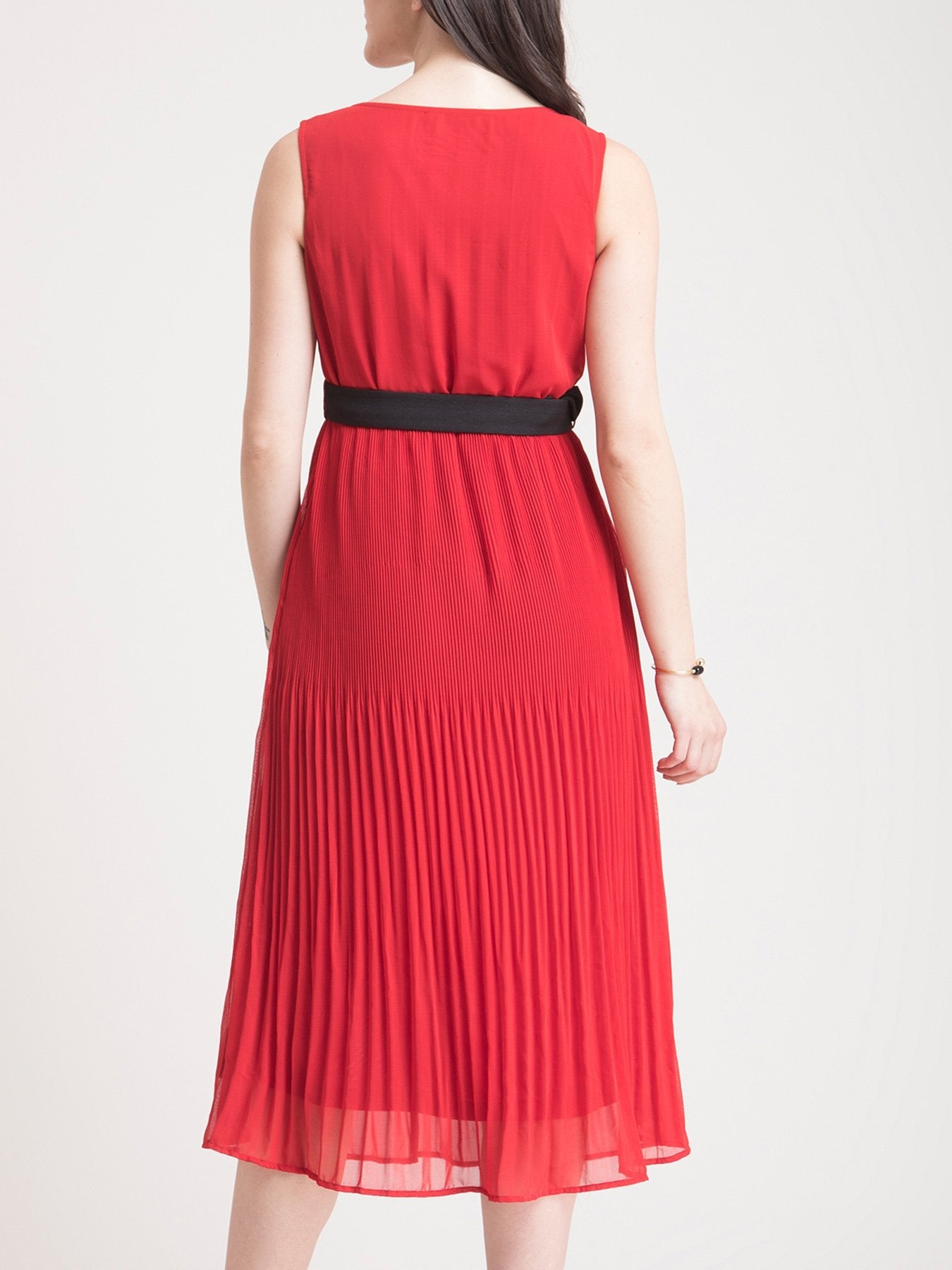 Boat Neck Pleated A Line Dress - Red