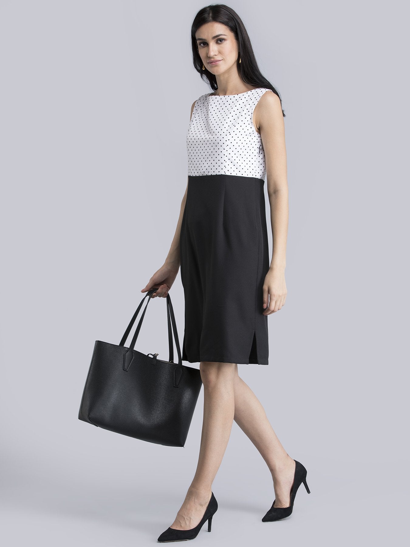 Boat Neck Polka Dot Dress - Black and White