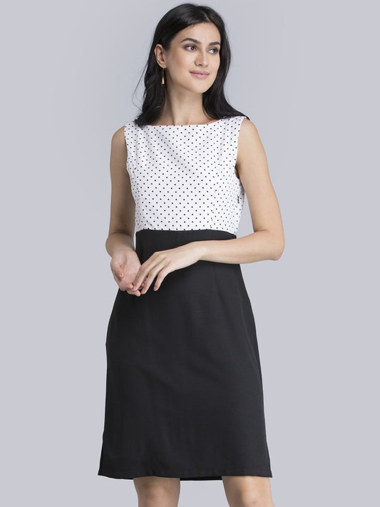 Boat Neck Polka Dot Dress - Black and White