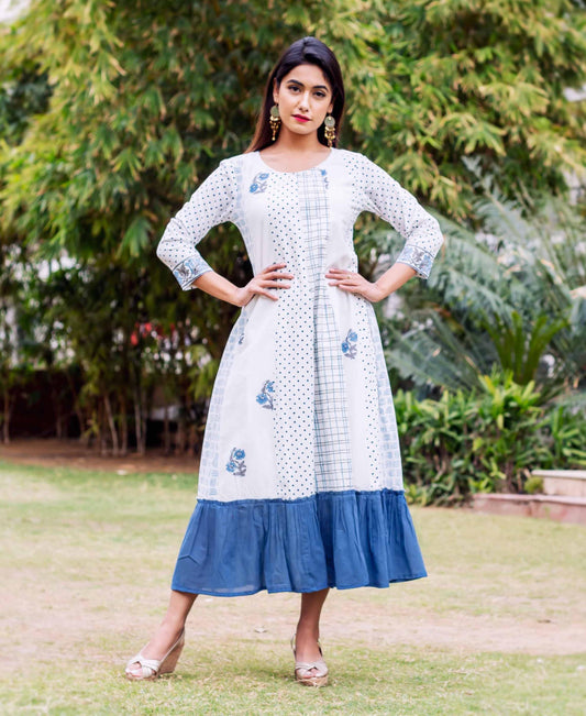 White and Blue Block Printed Dress