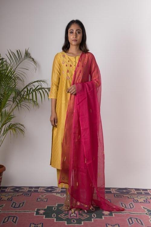 Champa'Hand Embroidered Ochre chanderi kurta . 2pc set (kurta and dupatta)