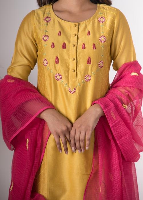 Champa'Hand Embroidered Ochre chanderi kurta . 2pc set (kurta and dupatta)