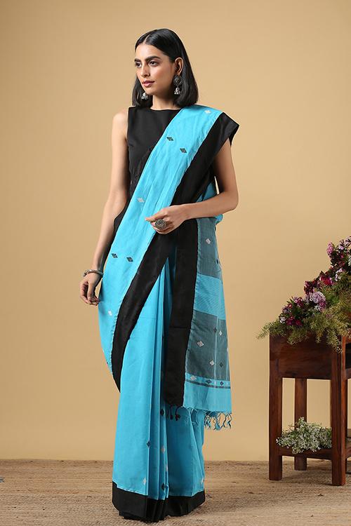 Chitirka Kuppadam Square Dot Buta Cotton Handloom Saree Blue