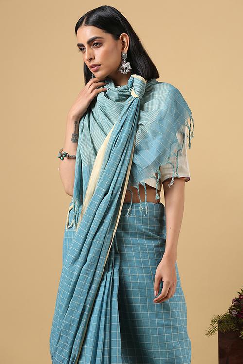 Chitrika Body Check Kuppadam Handspun Handloom saree Blue