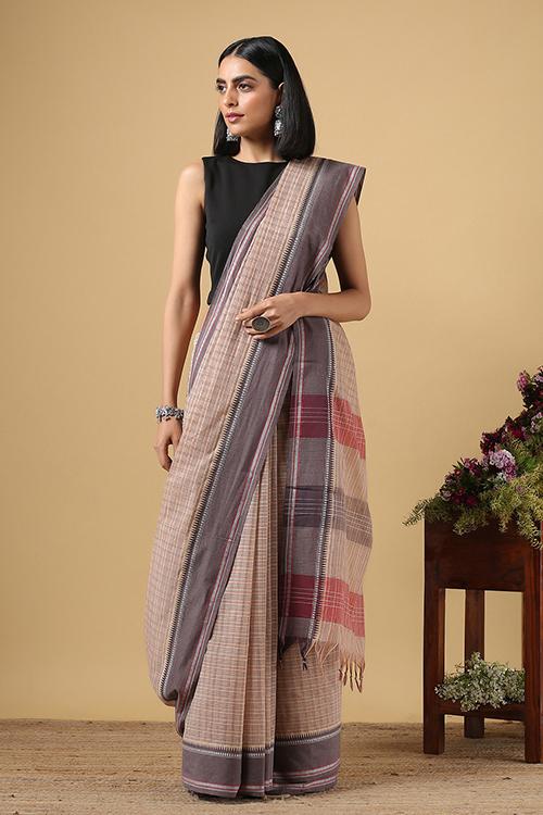 Chitrika Classic Mini Checks Cotton Handloom Saree Beige