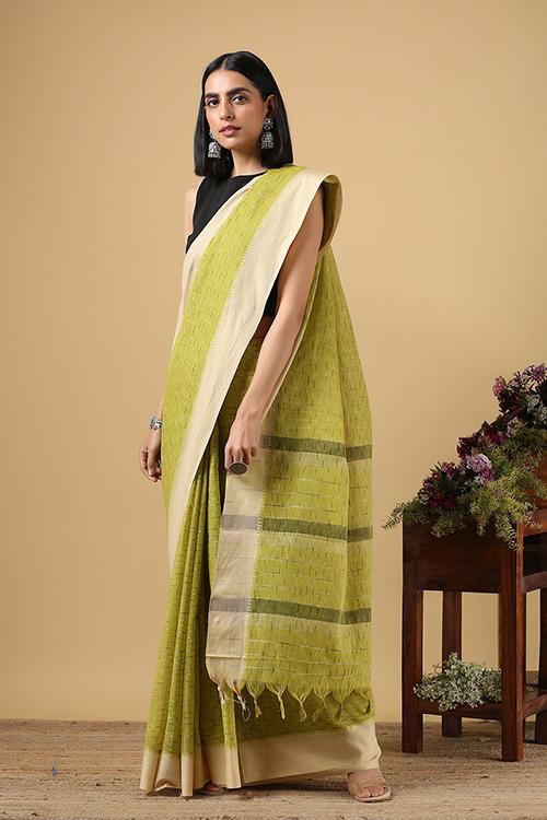 Chitrika Ikat Small Checks Cotton Handloom Saree Green