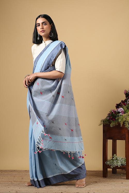 Chitrika Kuppadam 4 Square Buta Cotton Handloom Saree Light Blue
