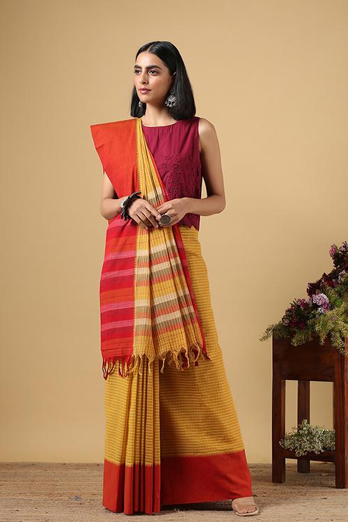 Chitrika Temple Checks Dobby Cotton Handloom Saree Mustard